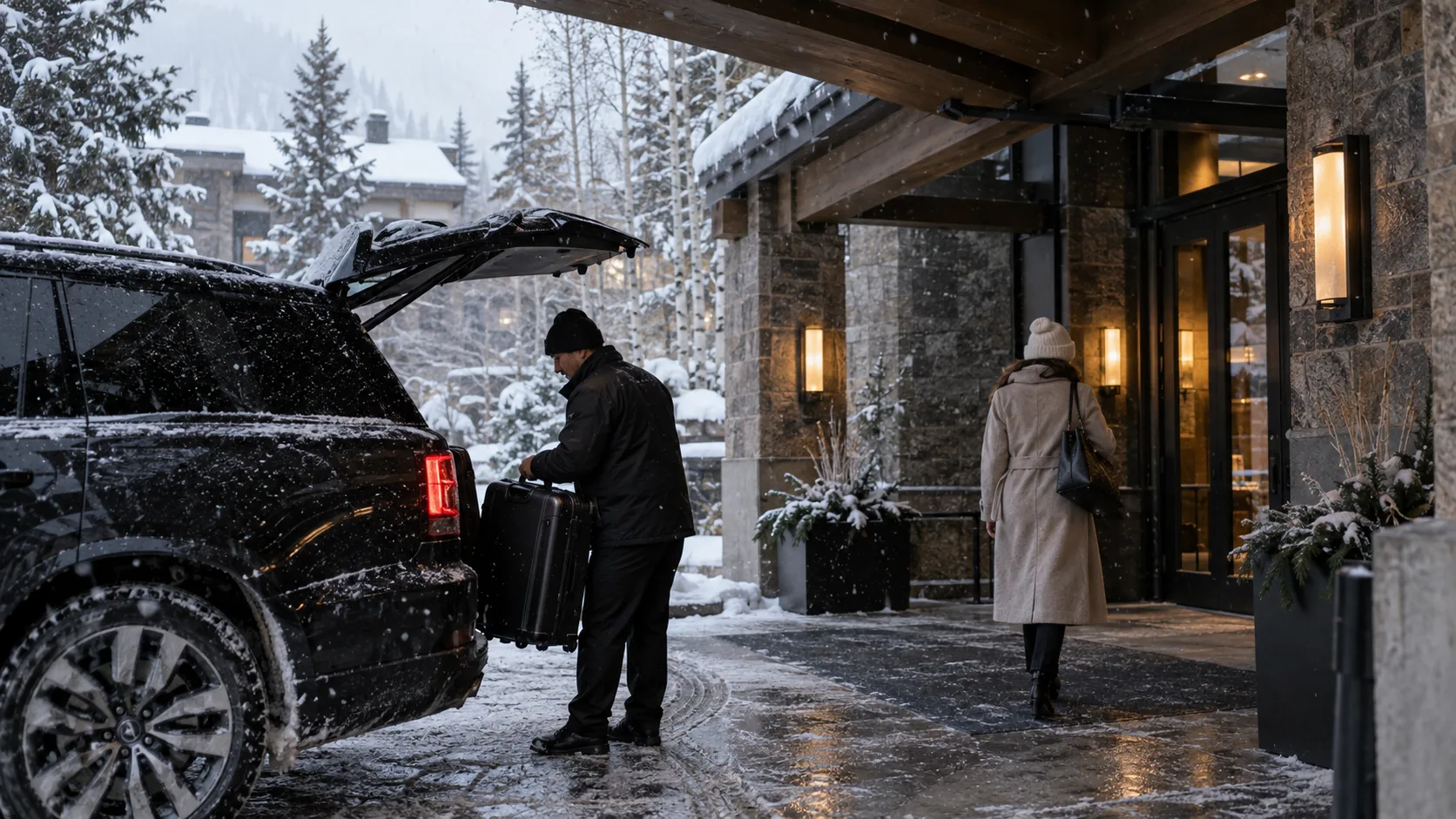 AI-generated editorial winter arrival scene inspired by Aspen