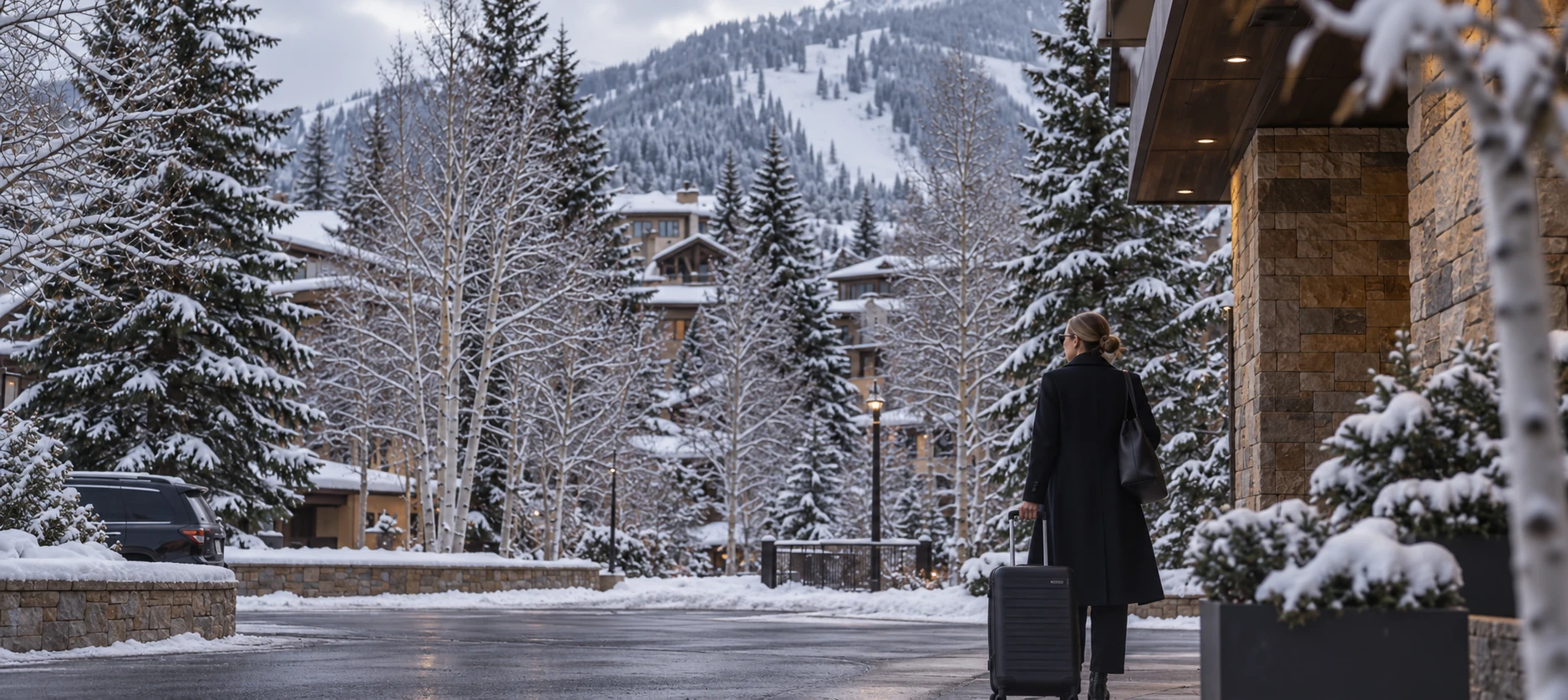 AI-edited editorial winter arrival scene inspired by Aspen