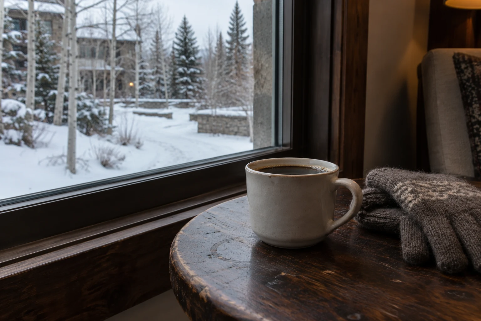 AI-generated editorial winter coffee scene inspired by Aspen