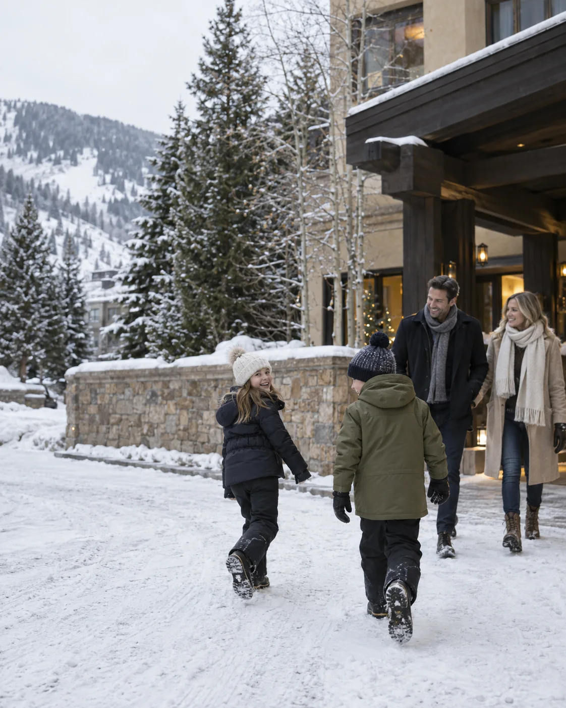 AI-generated editorial family arrival scene inspired by Aspen in winter