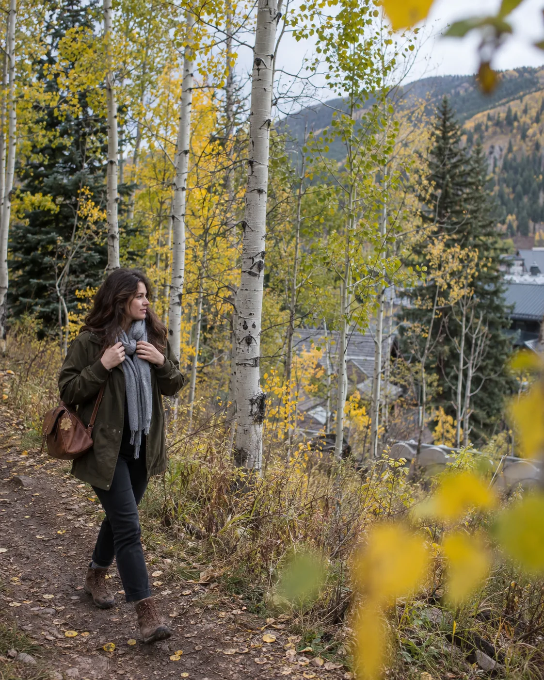 AI-generated editorial fall walk inspired by Aspen